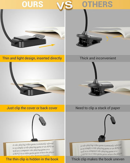 2 Pack Rechargeable Book Lights for Reading in Bed, Eye-Caring Clip-On Reading Lights with 3 Color Temperatures & 3 Brightness Levels, Lightweight Book Light for Night Reading, Kids, Study