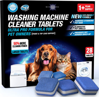 Washing Machine Cleaner Pro Tablets for Pet Owners, 28 Pack, Front/Top Load | Remove Stubborn Pet Hair, Washer Deep Cleaning, Septic Tank Safe, HE Support, Eliminates Pet Smells, Prevents Dander Build-up