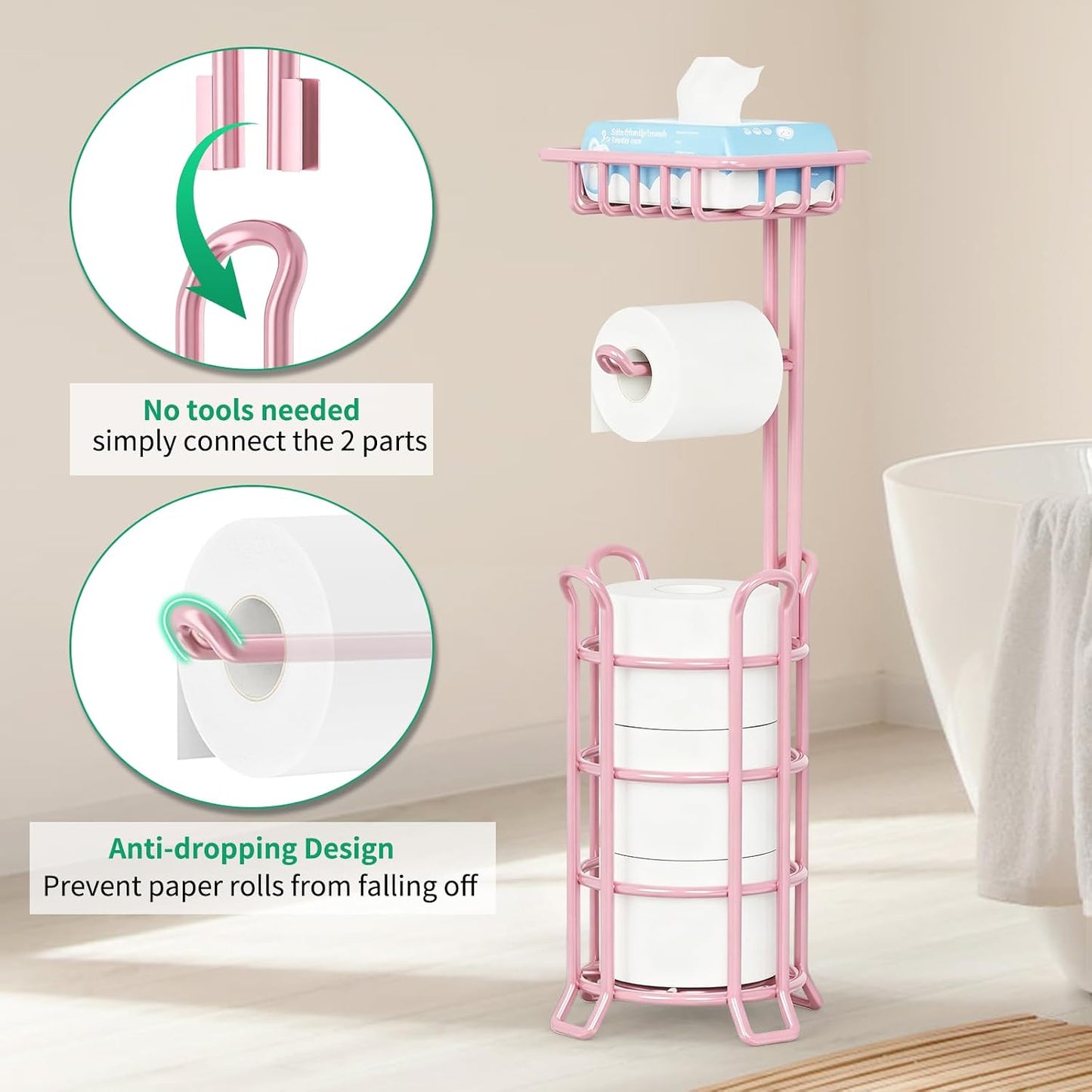 TomCare Toilet Paper Holder Free Standing with Shelf, Stable 4 Raised Feet | Stores 4 Mega Rolls, Tool-Free Assembly, Powder-Coated Metal Frame, Bathroom Storage Organizer for Spare Rolls, Silver