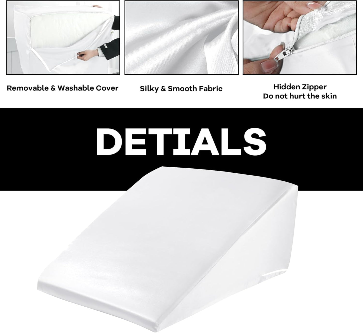HOMBYS Satin Bed Wedge Pillow Cover Silky & Smooth Wedge Pillowcase 1 Pack 24x24x8, Soft & Breathable, Removable & Machine Washable-Zipper Design (Pillow Not Include), (Grey, 24"x24"x8")