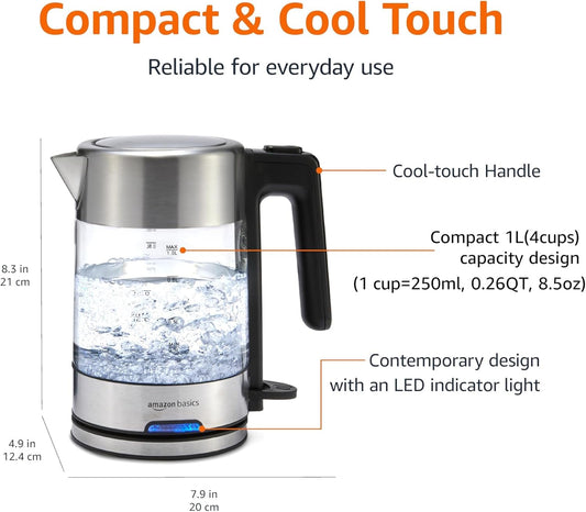 Amazon Basics Electric Kettle with Glass Carafe for Tea and Coffee, Fast Boiling, Auto Shut-Off, Boil-Dry Protection, Temperature Control, Removable Filter, 1 Liter, 1500W, BPA-Free