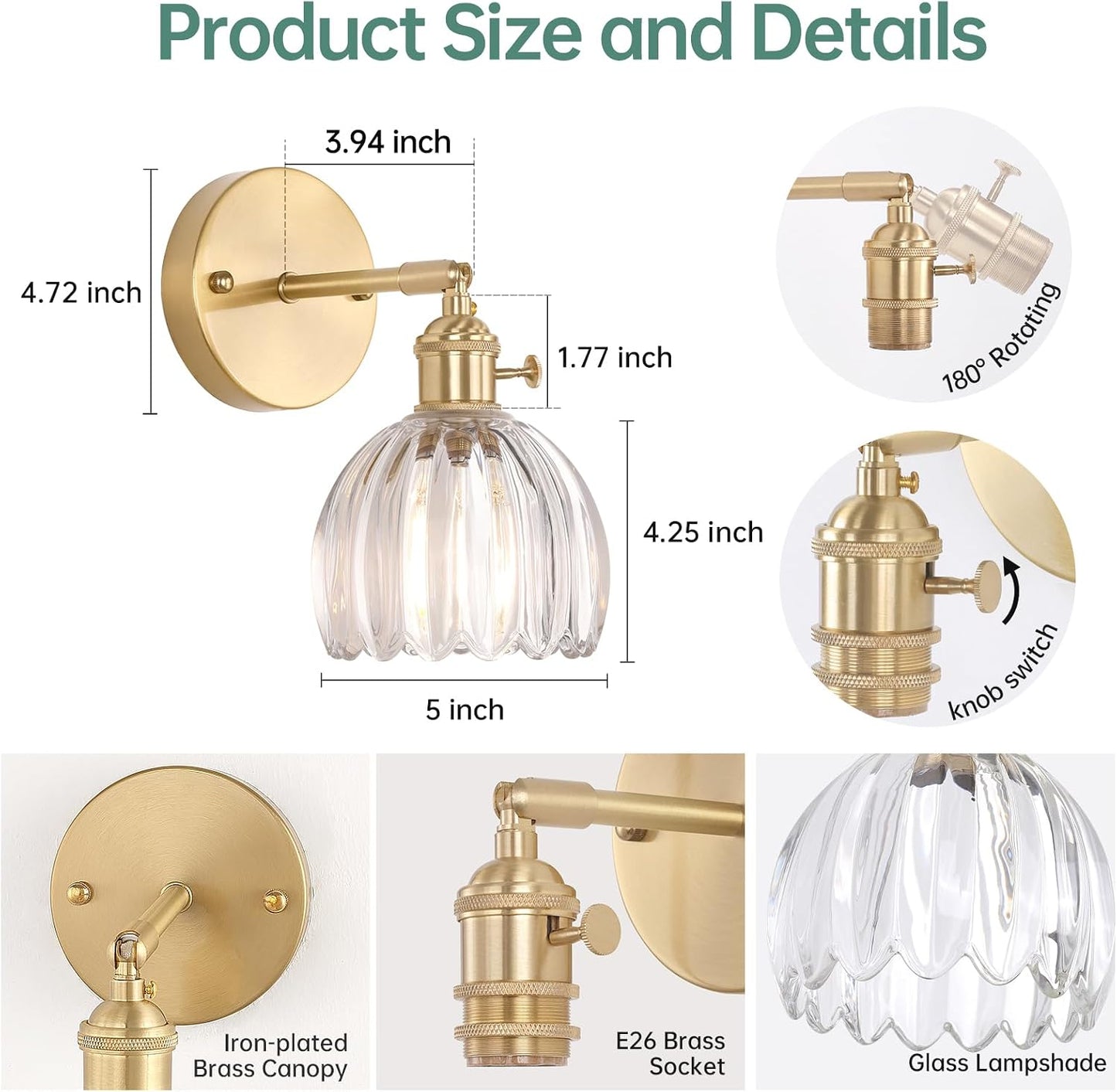 Shenmoyl Vintage Battery Operated Wall Sconce with Green Tulip Glass Lampshade Rechargeable Battery Powered Wall Light with Remote Control for Bedside Bedroom Doorway