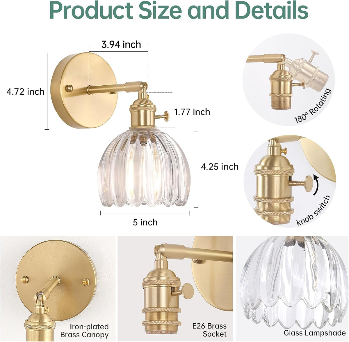 Shenmoyl Vintage Battery Operated Wall Sconce with Green Tulip Glass Lampshade Rechargeable Battery Powered Wall Light with Remote Control for Bedside Bedroom Doorway