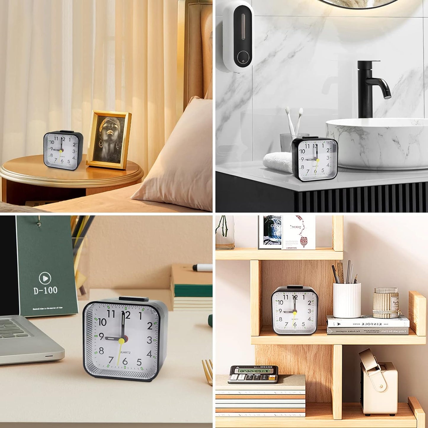 Lamisola Small Analog Travel Alarm Clock, Battery Operated Desk Table Shelf Clock for Kids, Quieter Bedside Alarm Clocks for Bedrooms Bathroom Living Room Kitchen, Black