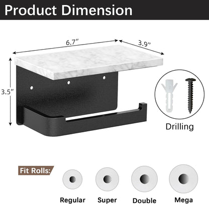 Gypie Toilet Paper Holder with Marble Shelf, Wall Mounted Matte Black | Toilet Roll Holder Black for Bathroom Washroom, Extended Base