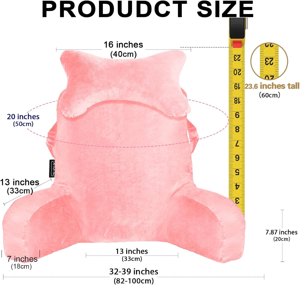SLIGUY Reading Pillow for Sitting in Bed Couch Adult, Back Pillow with arm Support and Pockets, Adult Back Pillow Bed Chair for Bed Rest, Reading, Watching TV, Gaming for Boys and Girls Dark Grey