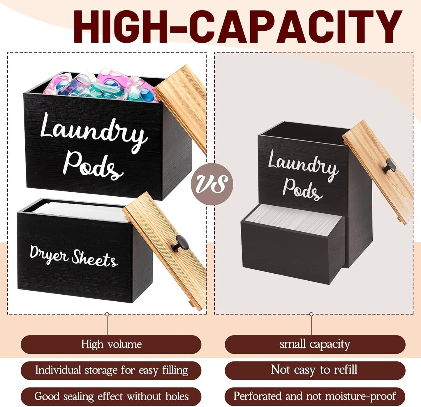 4 Pcs Magnetic Laundry Pod Holder Laundry Room Container Set, Lint Bin with Scoop and Brush Dryer Sheet Holder, Scent Booster Container Rustic Gift Wood Farmhouse Room Decorcontainer(Black)