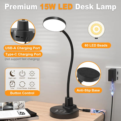 15W LED Desk Lamp with USB Charging Ports – Dimmable Table Lamp with 3 Color Temps, 5 Brightness, 4 Timers, Flexible Gooseneck Light with Base, Eye-Caring Reading Light for Home Office, Bedroom, Study