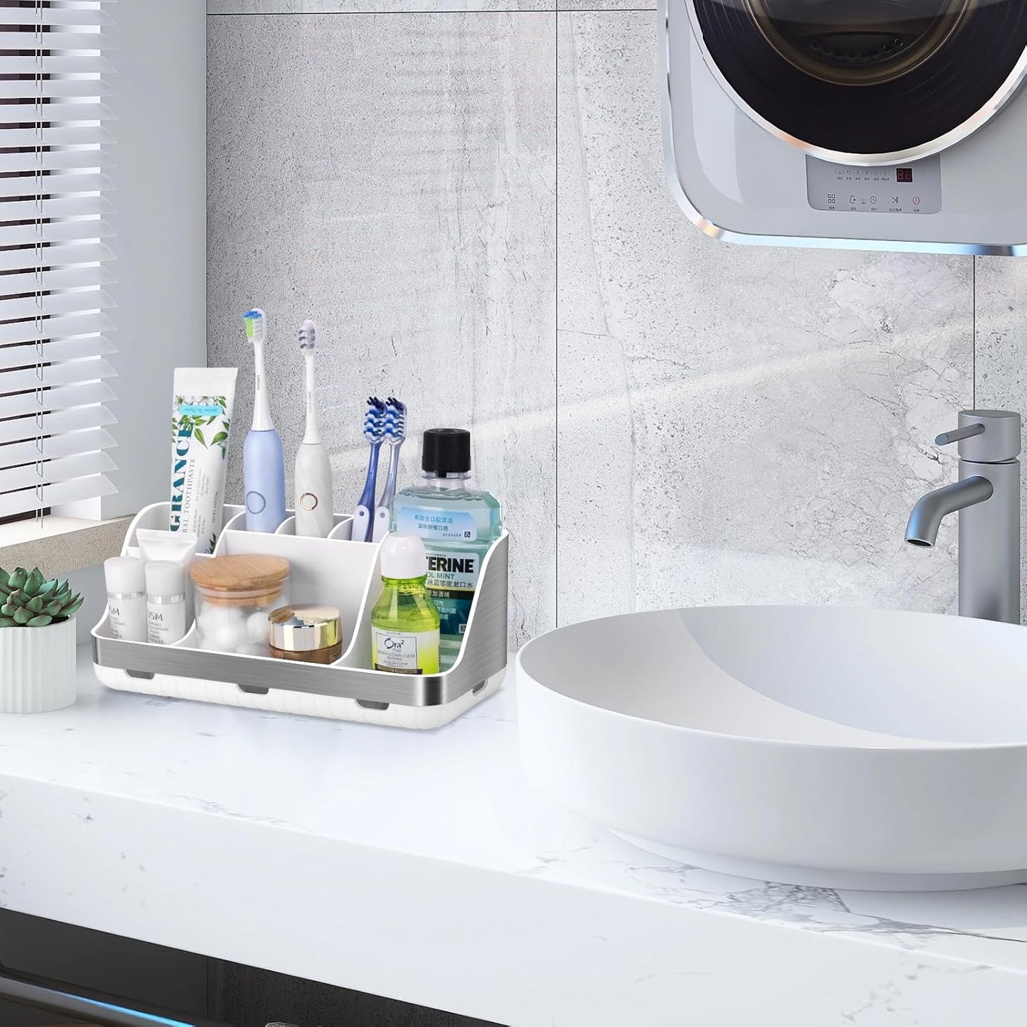 GFWARE Black Toothbrush Holder - 7 Slots Bathroom Organizer Countertop with Drainage Matte Black Electric Toothbrush and Toothpaste Holder for Bathroom Accessories Sink Storage
