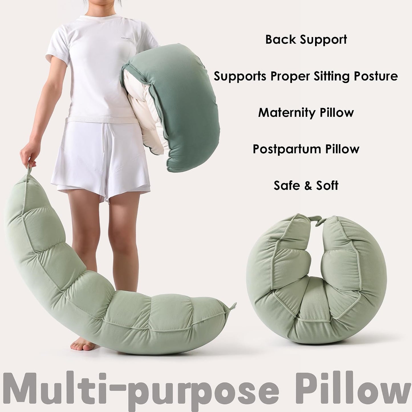 Peallow(Pat. Pend) – Long Round Body Pillow for Adults, Bolster Pillow for Sleeping, Soft and Supportive Pillow for Sleeping & Lumbar Support (Green-White, 29.5")