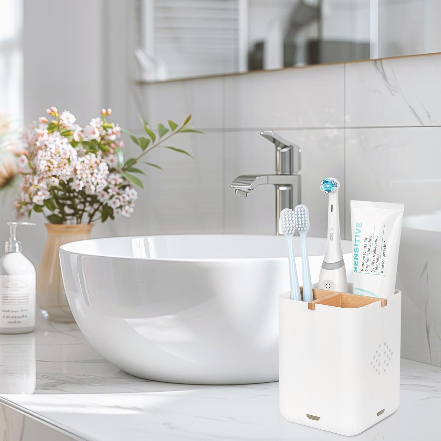 Toothbrush Holders for Bathrooms, Electric Toothbrush Holder, White | Toothbrush and Toothpaste Organizer for Bathroom Countertop, 3 Slot Vanity Storage