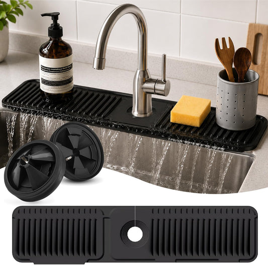 24 Inch Silicone Faucet Mat for Kitchen Sink Splash Guard, W/Sink Baffle