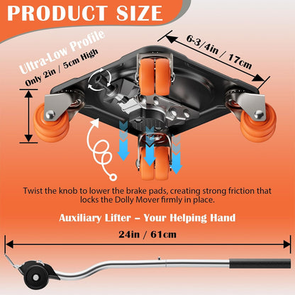 Heavy Duty Furniture Movers with 5-Wheel Dollies, Furniture Dolly Set with Lifter & Base, 360° Swivel Casters, Non-Slip Pads, Up to 2000 lbs Load Capacity