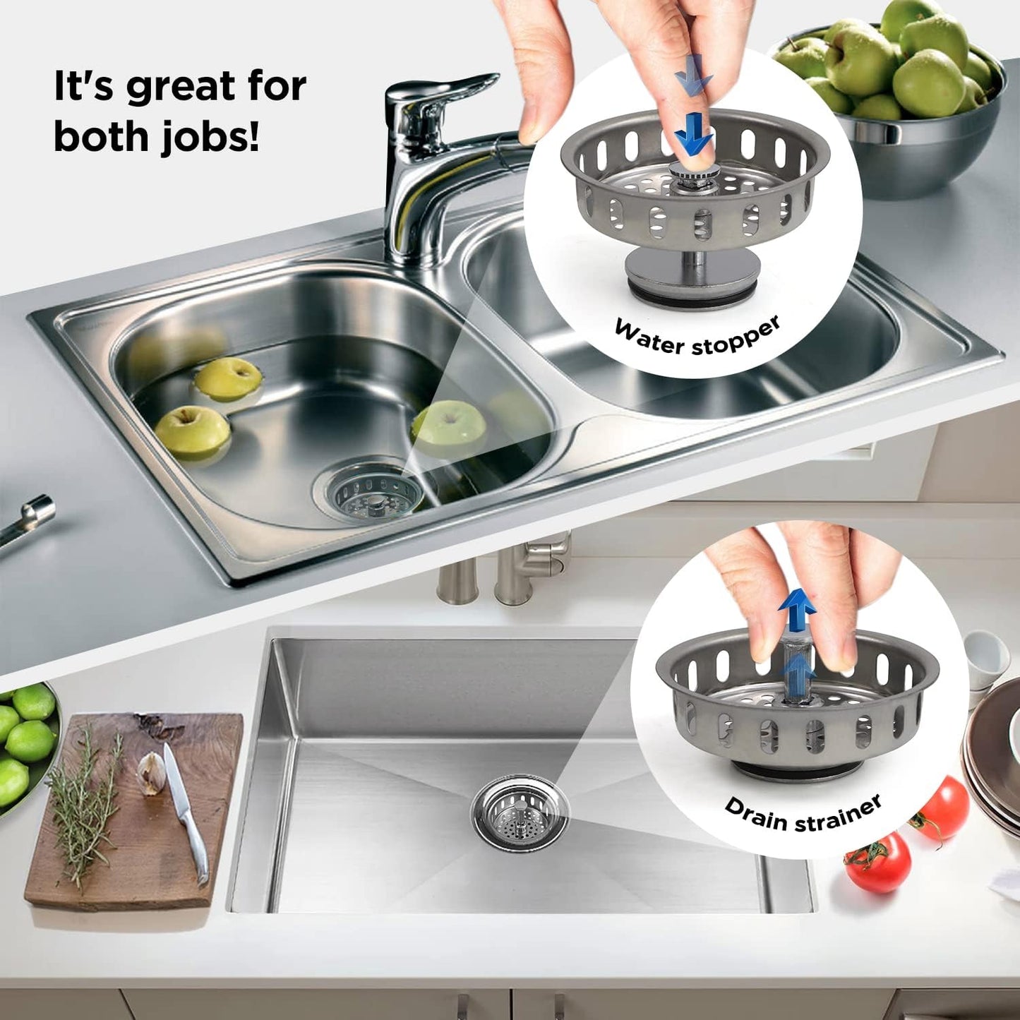 Highcraft 97343 Kitchen Sink Basket Strainer Replacement for Standard Drains (3-1/4 Inch) Stainless Spring Steel Closure and Rubber Stopper, Stainless Steel