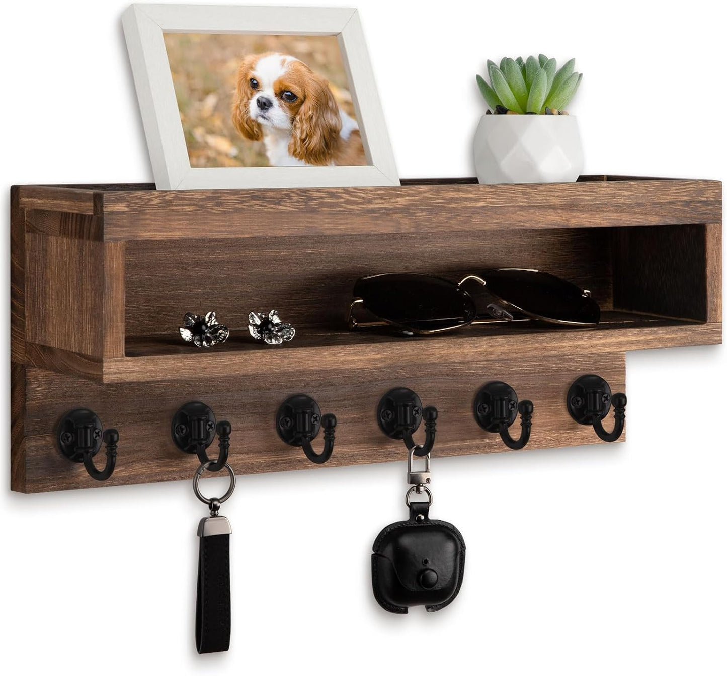 Key and Mail Holder Wall Mount with Long Storage Box and 6 Hooks | Key Holder For Coat, Dog Leash, Home Decor Rack, Entry Way Organizer