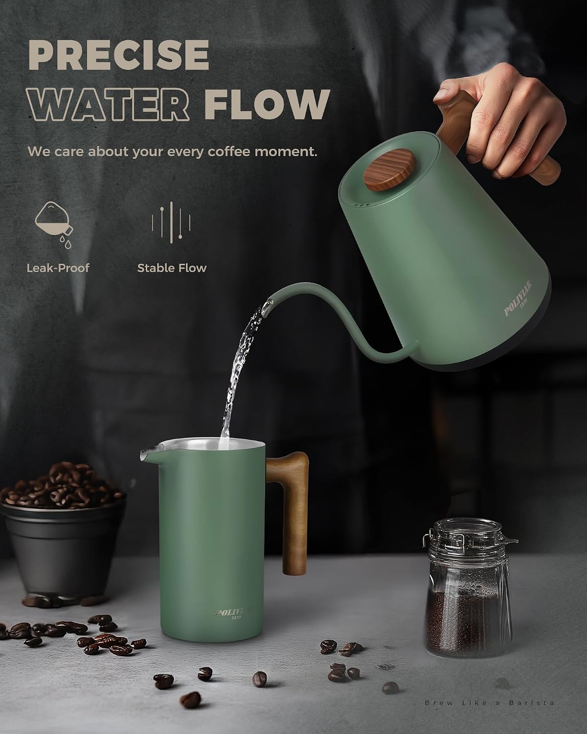 POLIVIAR Electric Gooseneck Kettle, 1350W Electric Tea Kettle Wood Pattern Handle, 34oz Pour Over Electric Kettle for Coffee & Tea, 18/8 Stainless Steel Inner, Temperature Control & Rapid Heating | 1350W, 34oz Pour Over Electric Tea Kettle for Coffee &