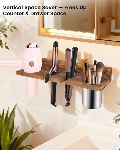Hair Tool Organizer for Bathroom – Wall Mounted Hair Dryer Holder with Heat-Resistant Cups, Curling Iron & Straightener Rack, Blow Dryer Organizer for Vanity or Wall (Black)