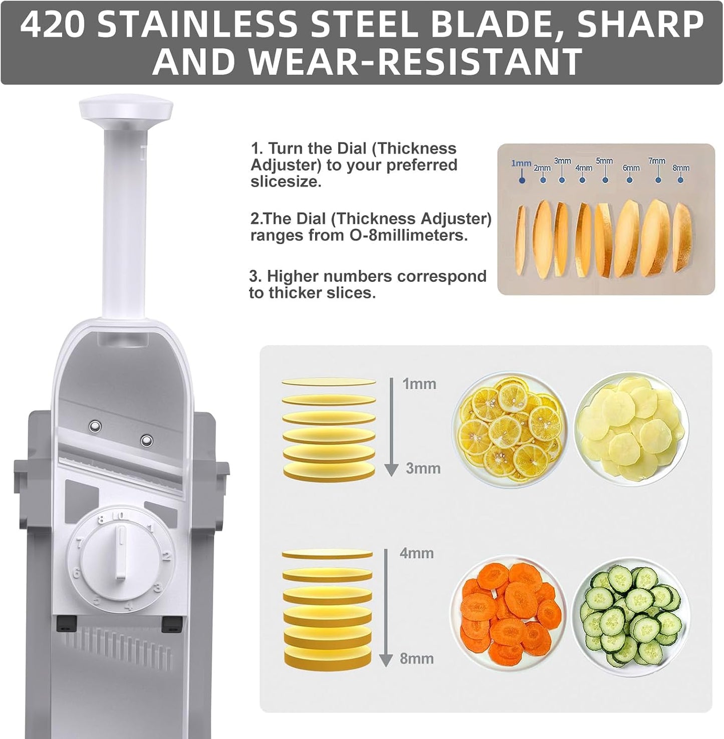 Jonscook All-in-1 Safe Mandoline Slicer for Kitchen, Vegetable Slicer with Container, Adjustable Veggie Mandoline, French Fry Cutter, Potato/Tomato/Onion Slicer, Grater/Cleaning Brush (Black Knight)