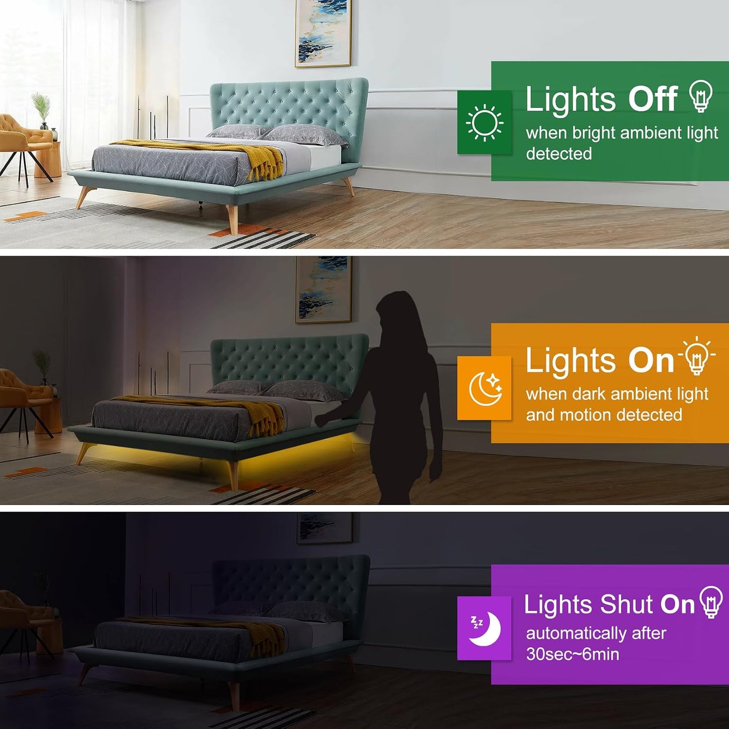 Vansky Motion Activated Bed Light, Flexible LED Strip Motion Sensor Night Light Bedside Lamp Illumination with Automatic Shut Off Timer (Warm Soft Glow)