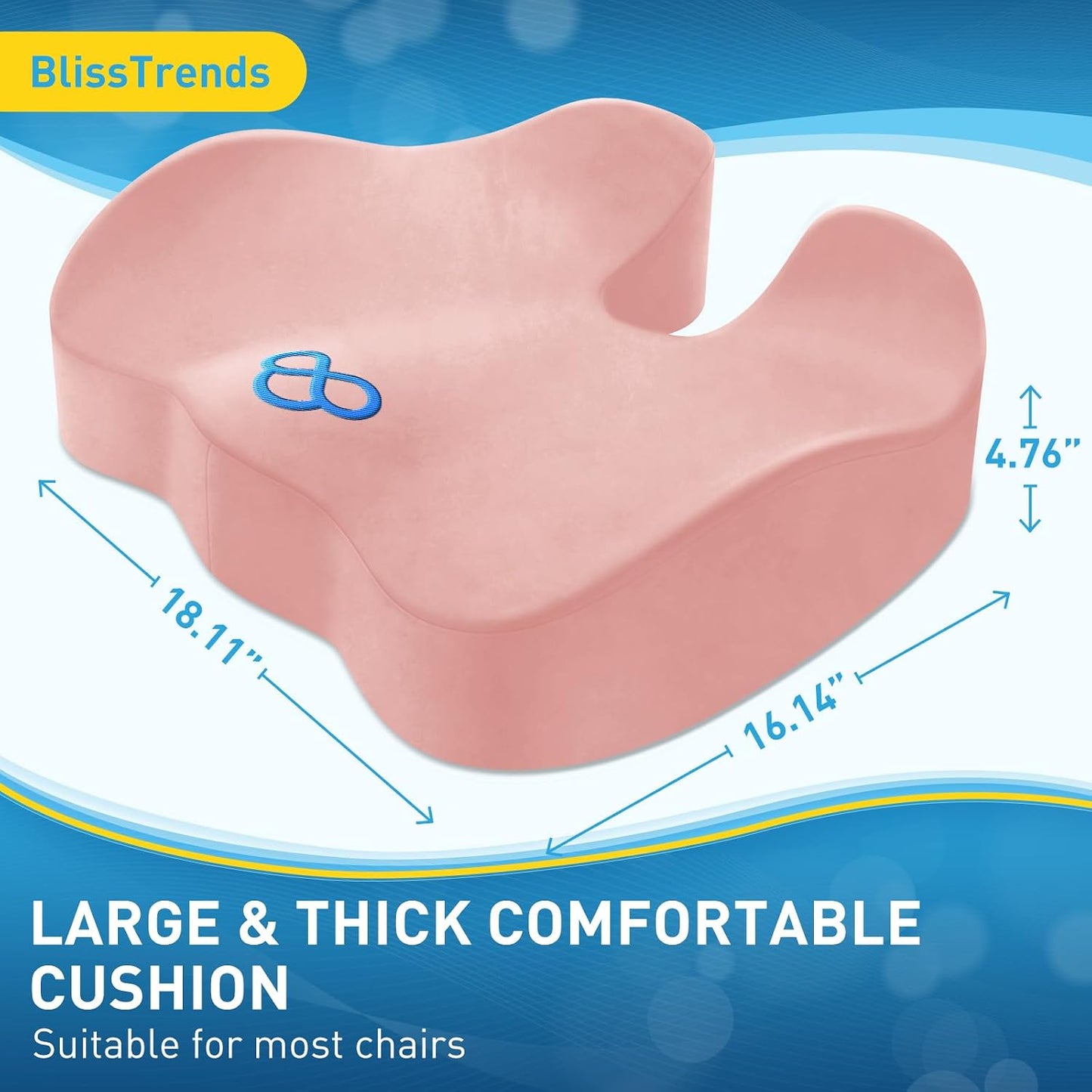 BlissTrends Memory Foam Seat Cushion for Office Chair & Car Seat, Black | 4.7in Ergonomic Tailbone & Sciatica Support with Removable Velvet Cover for Pressure Relief and Long Sitting Comfort