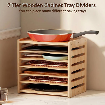 7 Tier Wooden Tray Dividers for Cabinets | Kitchen Vertical Cookie Sheet Organizer, Baking Trays Storage Rack, For Baking Pans, Cutting Board