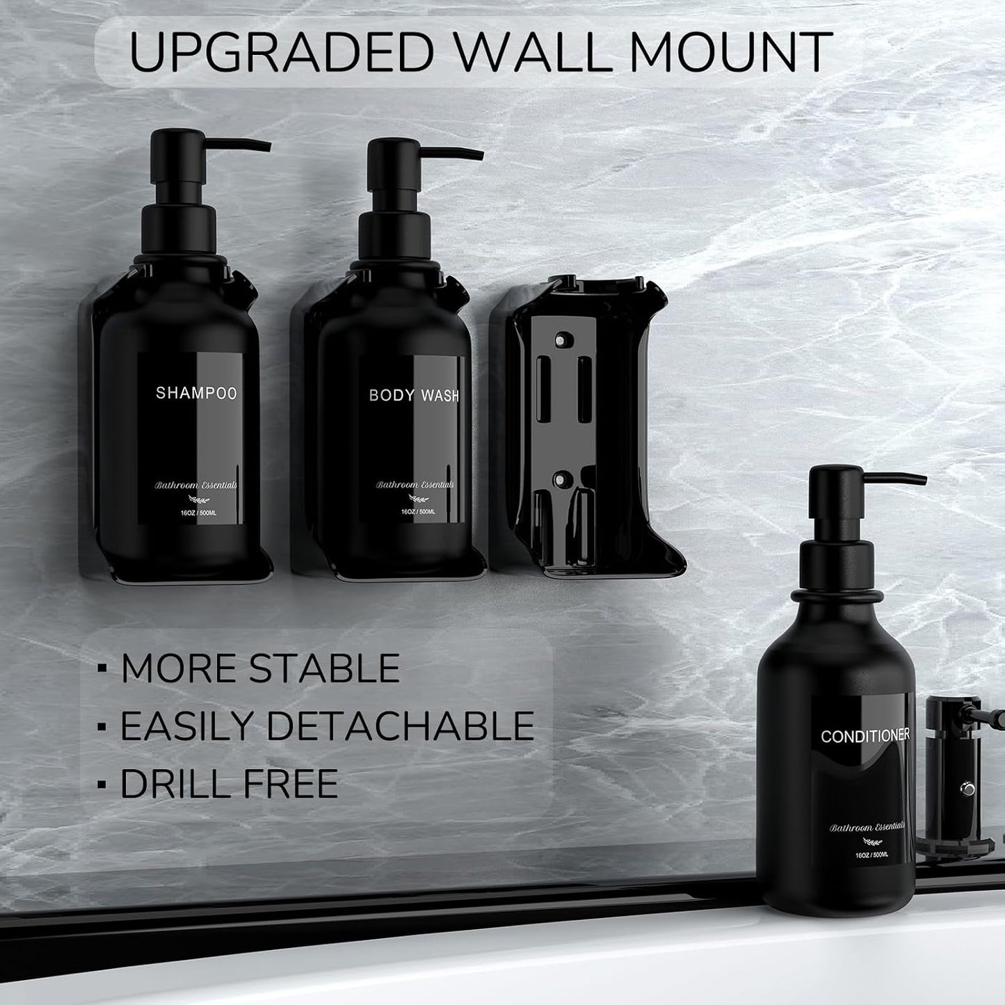 Modern Shampoo and Conditioner Dispenser - Shower Soap Dispenser Wall Mounted - 3-Pack 16 oz Plastic Amber Bottles with Black Pumps - Stylish Shampoo Dispenser, Shower Dispenser 3 Chamber No Drill