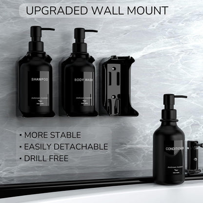 Modern Shampoo and Conditioner Dispenser - Shower Soap Dispenser Wall Mounted - 3-Pack 16 oz Plastic Amber Bottles with Black Pumps - Stylish Shampoo Dispenser, Shower Dispenser 3 Chamber No Drill