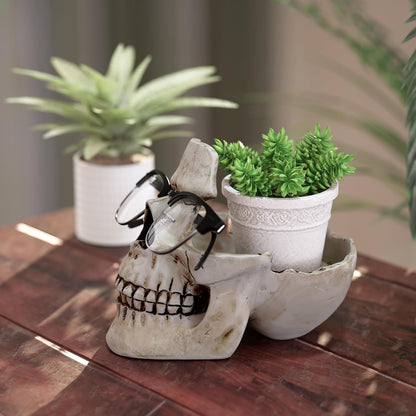 READAEER Skull Glasses Stand Holder, Creative Eyeglasses Holder, Sunglasses Spectacle Display Rack, Key Holder Resin Sculptures for Entryway, Home, Office, Desk, Nightstand (White)