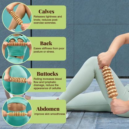 Wooden Fascia Massage Roller – Handheld Myofascial Release Massage Stick | Trigger-Point Knobs for Deep Tissue, Cellulite, Muscle Recovery & Circulation, and Lymphatic Drainage Massager