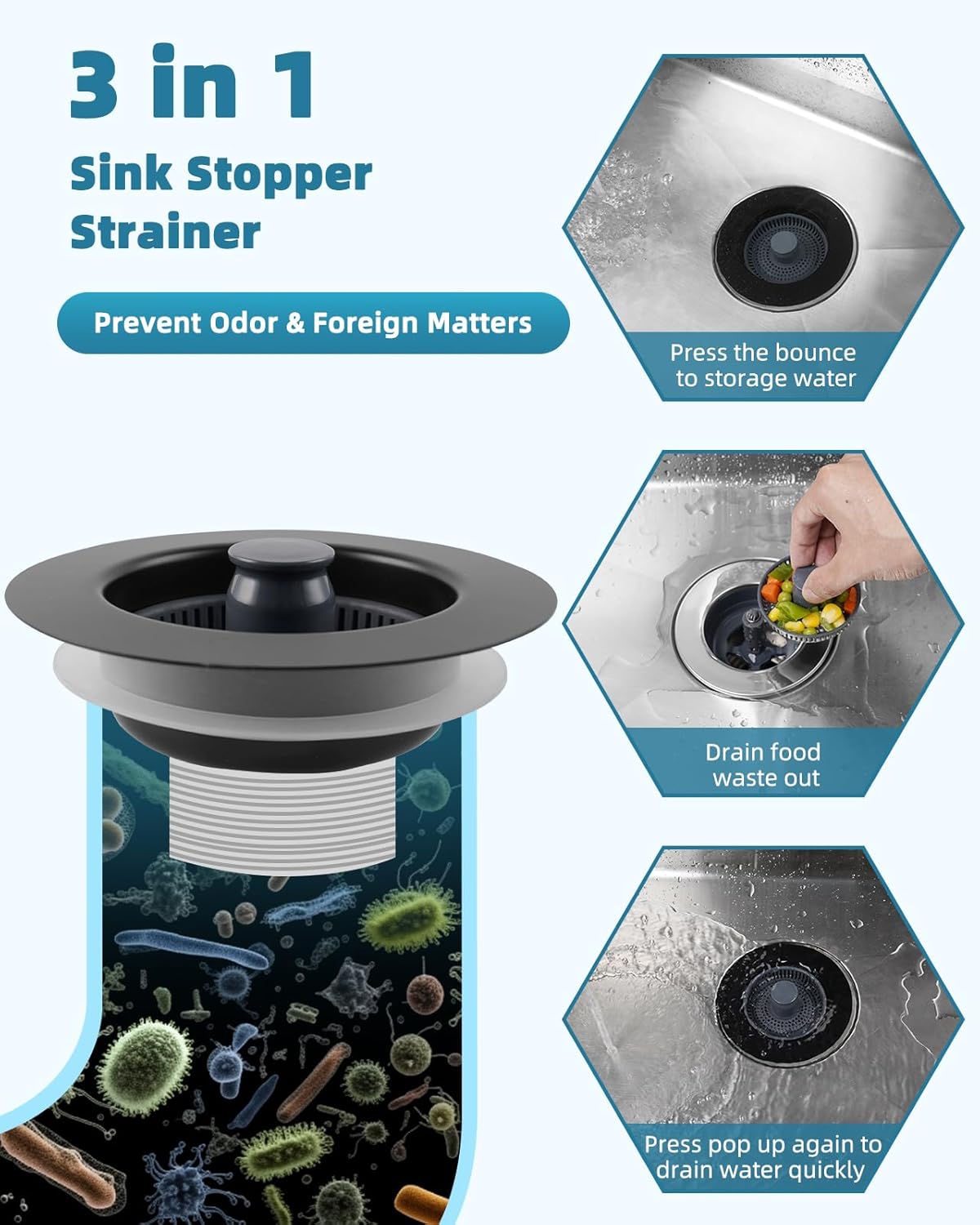 Universal 3 in 1 Kitchen Sink Drain Strainer Stopper Combo, Matte Black | Stainless Steel Shell Pop Up Sink Stopper for US Standard 3-1/2 inch Drain Filter, Anti-Clog and Easy Clean