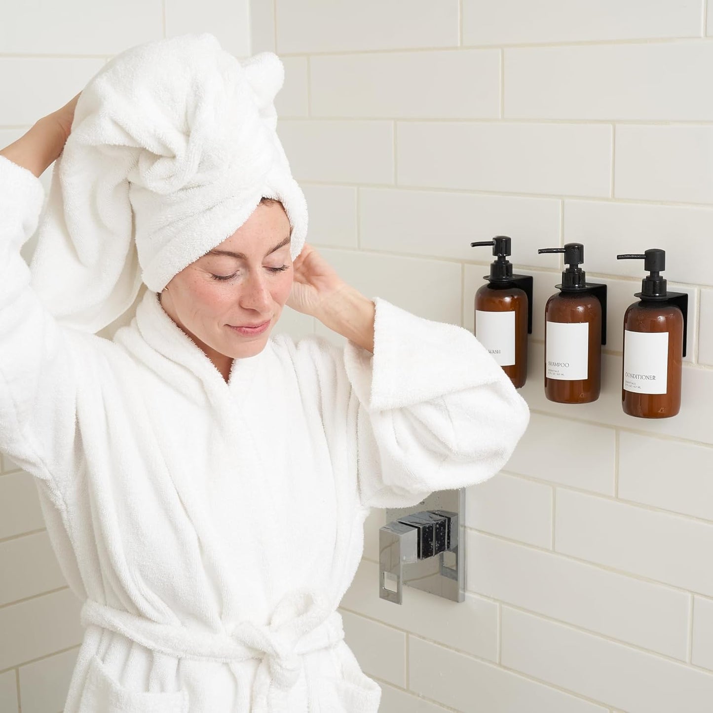Stylish Shampoo & Conditioner Dispenser Set of 3 - Wall Mount, Drill Free | Modern 21oz Shower Soap Bottles with Labels - Easy Refill Body Wash Dispensers for an Instant Bathroom Decor Upgrade