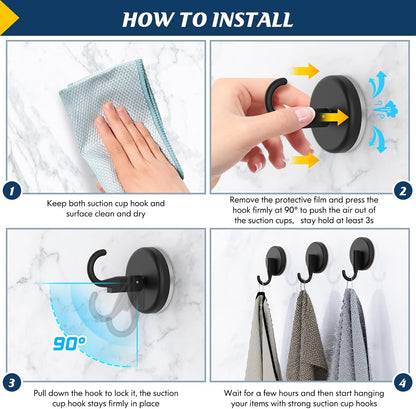 MOTAIPEAK Suction Cup Hooks for Shower,Shower Hooks Mounting on Glass Doors, Tile, Mirrors, Metals,Hook for Hanging Towels, Robe, Loofah, Jackets-Black(2 Pack)