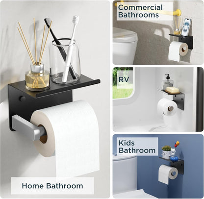 FORIOUS Toilet Paper Holder with Shelf, Adhesive or Screw, Commercial | Brushed Nickel | Wall Mount Bathroom Tissue Holder | SUS304 Stainless Steel Rustproof | Bathroom Tissue Roll Holder