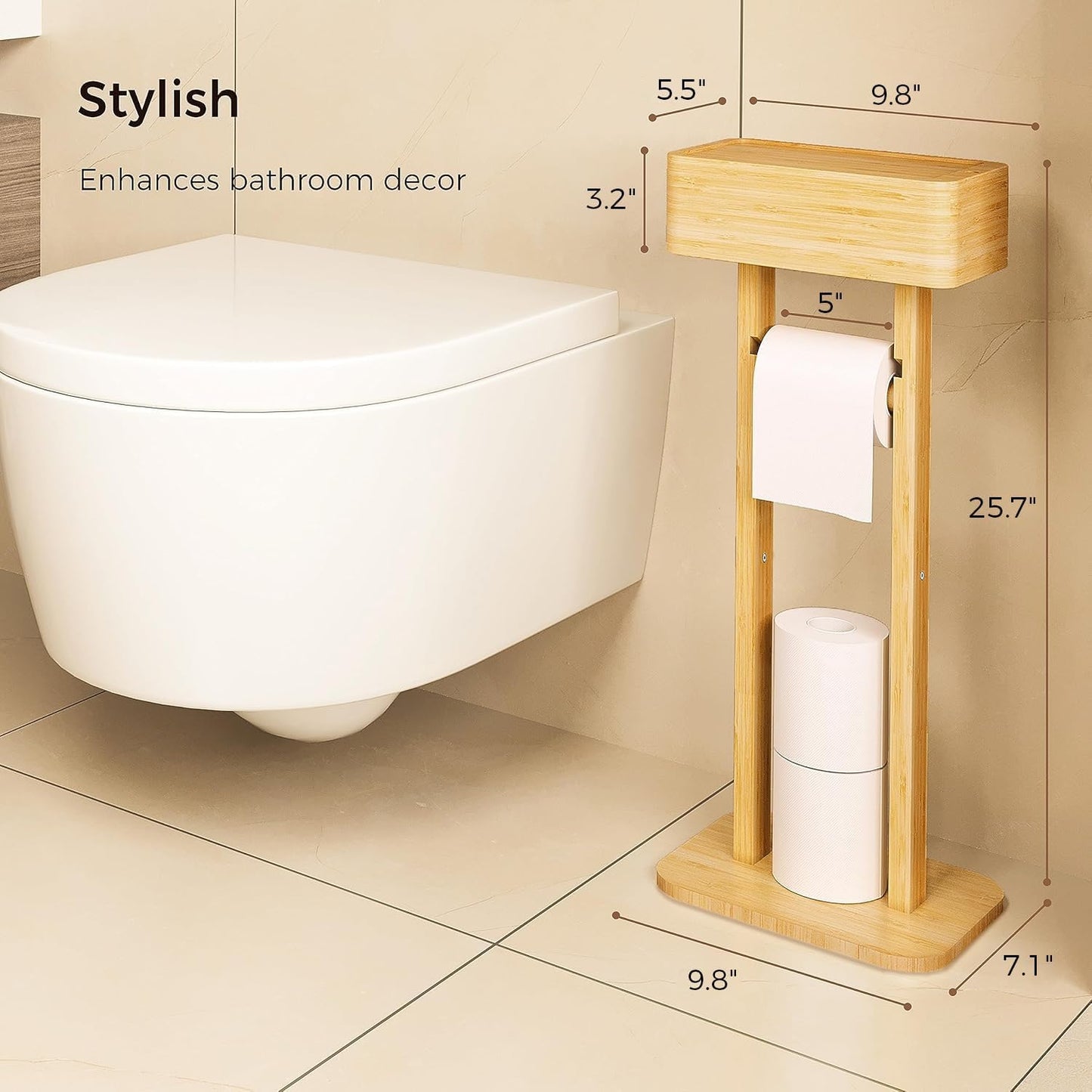 4-in-1 Black Toilet Paper Holder Stand with Storage Shelf Box, 360° Rotating Bamboo Free Standing Toilet Tissue Roll, Toilet Wipes Dispenser Organizer, Temporary Desktop for Bathroom (Patent) | 360° Rotating Bamboo Free Standing Toilet Tissue Roll,