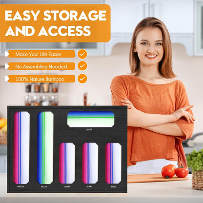 9 in 1 Foil and Plastic Wrap Dispenser with Cutter, Black Bamboo Ziplock Bag Organizer for Drawer - Holds Gallon, Quart Bags & Aluminum Foil/Wax Paper, Wall Mountable Kitchen Storage