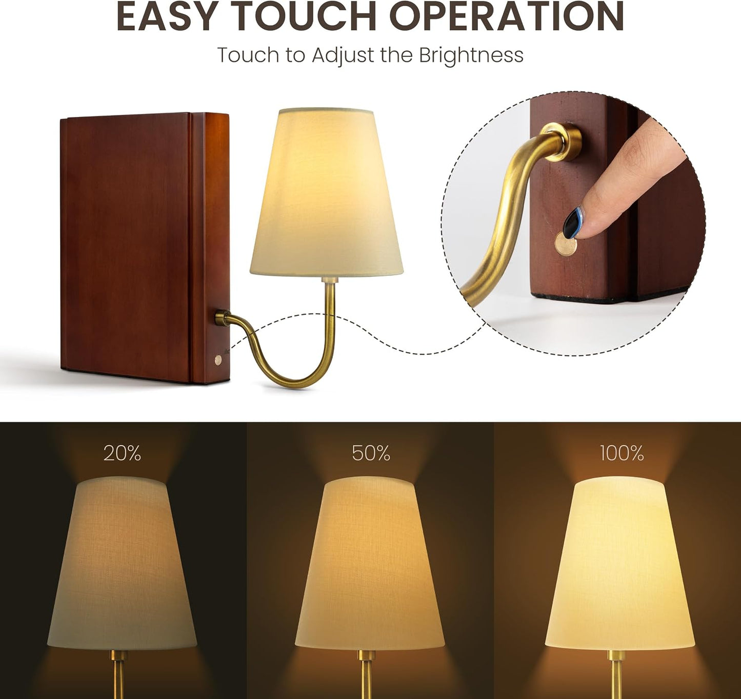 AELS Solid Wood Bookshelf Lamp with Bulb, Cordless Rechargeable Touch Dimmable Table Lamp with Linen Fabric Shade, Modern Decorative Bookend Lamp for Bedroom, Office & Bookshelf Decor, Dark Brown