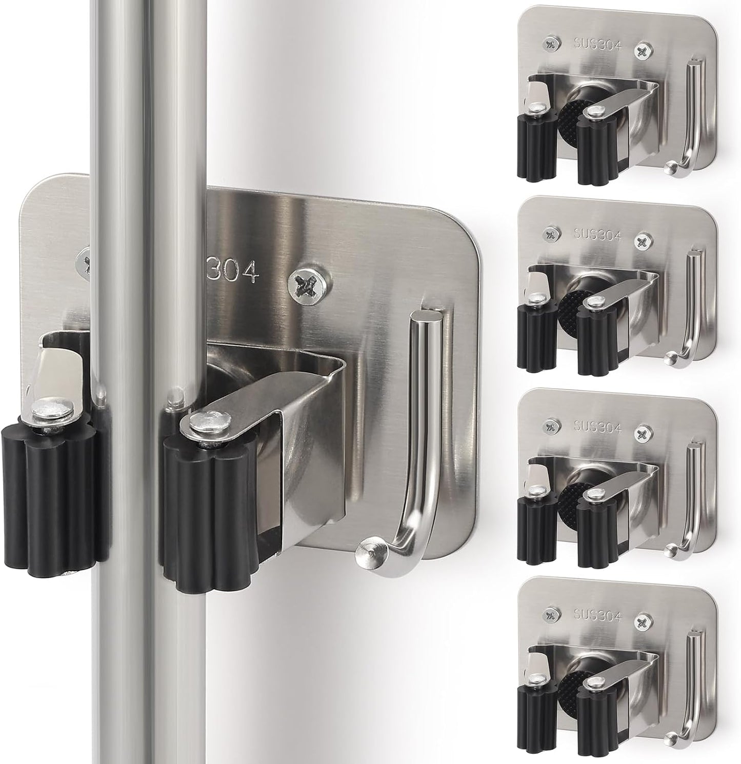 Stainless Steel Broom Holder, Heavy Duty, Rust Resistant, 4 Gripper Positions with 4 Hooks, Black | Drill-Mounted Gripper Rack Holds Brooms, Mops and Garden Tools Safely in the Laundry Room, Kitchen, Garage, Garden and Shed
