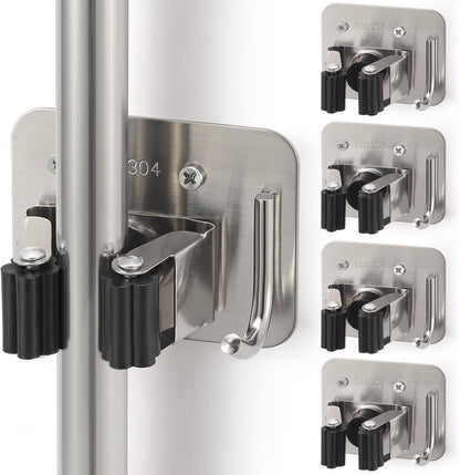 Stainless Steel Broom Holder, Heavy Duty, Rust Resistant, 4 Gripper Positions with 4 Hooks, Black | Drill-Mounted Gripper Rack Holds Brooms, Mops and Garden Tools Safely in the Laundry Room, Kitchen, Garage, Garden and Shed