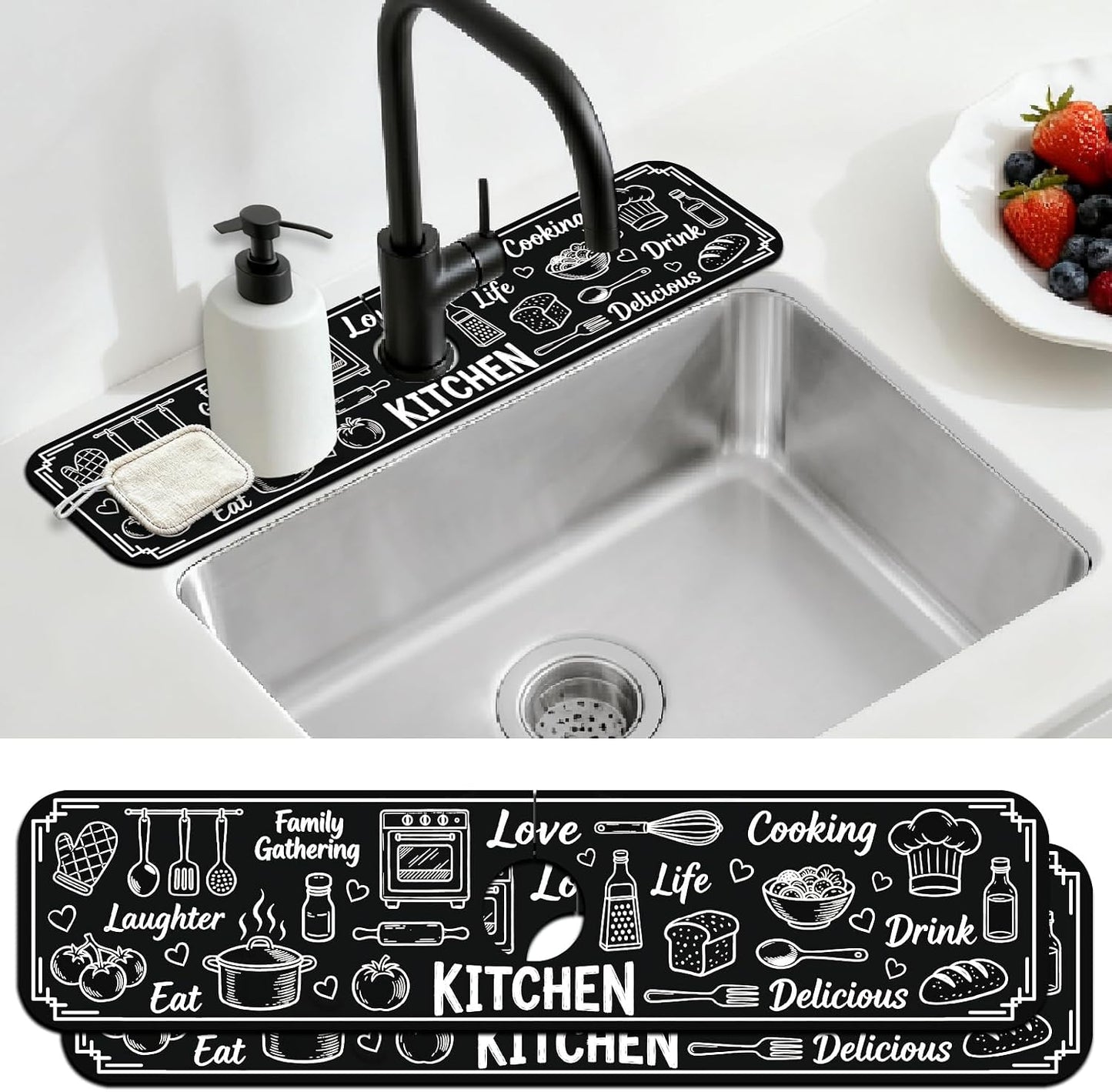 2 Pcs Kitchen Sink Splash Guard Faucet Mat Wood Grain Pattern Faucet Mat for Sinks Natural Wood Color Absorbing Drying Mats for Kitchen Bathroom, 23.6x5.5inch
