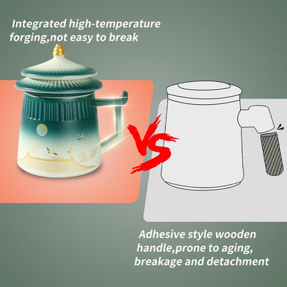 Loose Leaf Tea Cup with Infuser and Lid, 14.8oz Chinese Ceramic Mug with Fine Mesh Strainer, Office Steeping Cup for Tea Lovers Gifts
