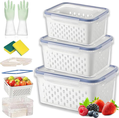 4 in 1 Food Storage Container with Lid, 2026 New Fruit Storage Containers for Fridge, Transparent Produce Storage Box with Drain Basket & Removable Colander for Salad Berry Vegetables (Blue, S/M/L)