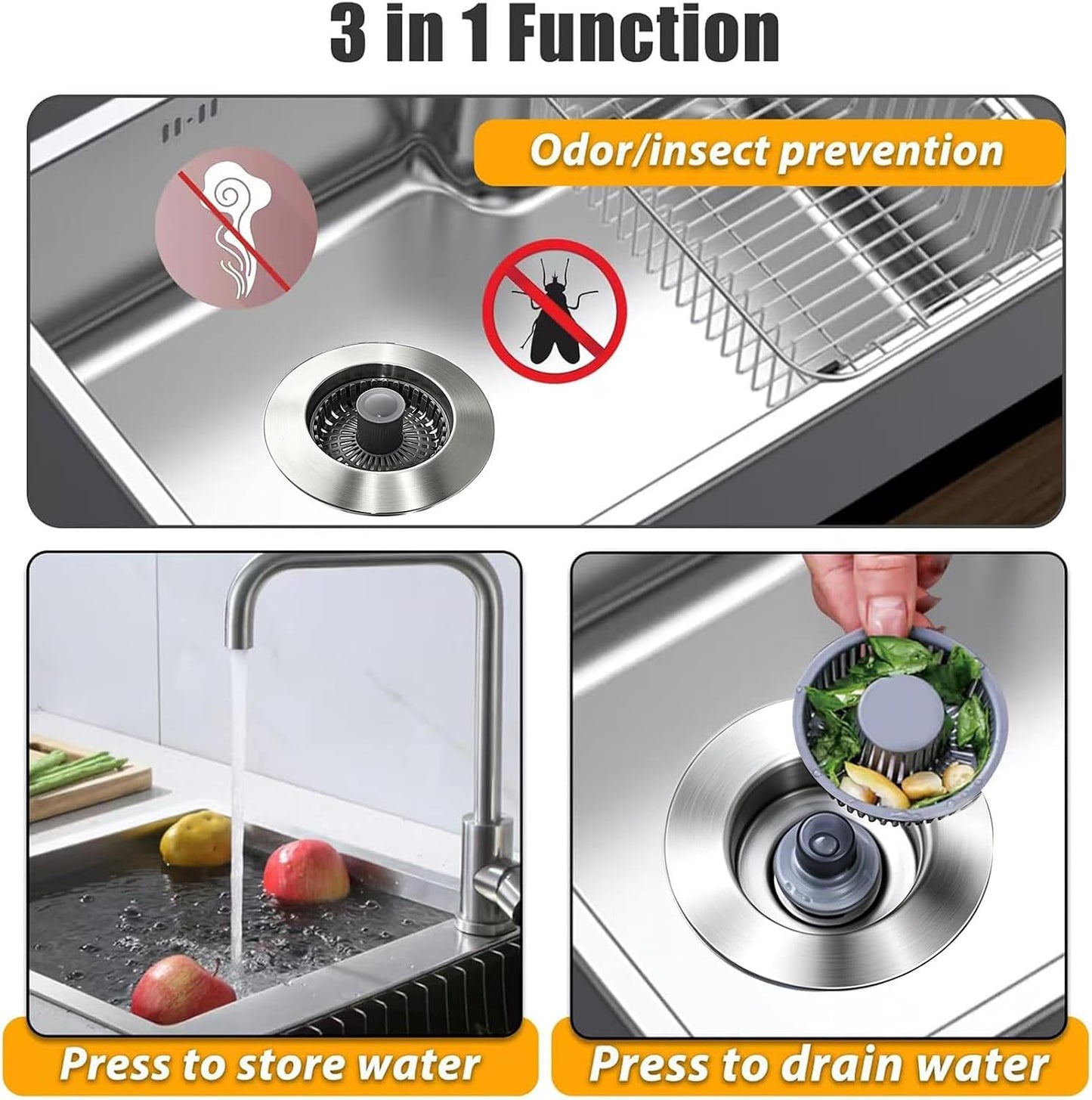 Anlige Kitchen Sink Drain Strainer, 3 in 1 Pop Up Kitchen Sink Stopper, with An Extra Basket Strainer, Universal for US Standard 3-1/2 Inch, Chrome Silver