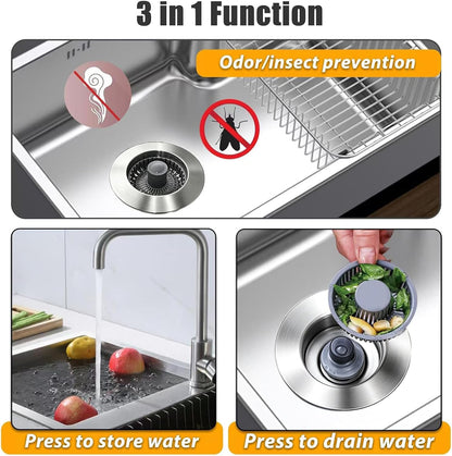 Anlige Kitchen Sink Drain Strainer, 3 in 1 Pop Up Kitchen Sink Stopper, with An Extra Basket Strainer, Universal for US Standard 3-1/2 Inch, Chrome Silver
