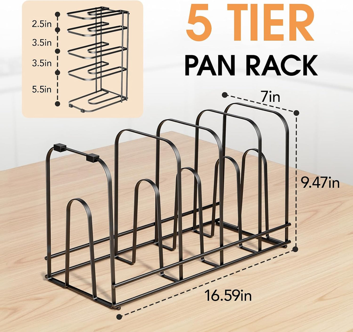 5-Tier Pot and Pan Organizer 13.6", No Assembly Cookware Rack 1-Pack | One-piece Design, Multi-height Layered,Anti-Tip Structure, Dual Vertical & Horizontal Use, Fits Cast Iron Pans & Dutch Ovens