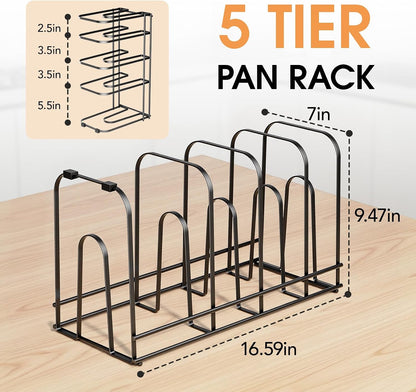 5-Tier Pot and Pan Organizer 13.6", No Assembly Cookware Rack 1-Pack | One-piece Design, Multi-height Layered,Anti-Tip Structure, Dual Vertical & Horizontal Use, Fits Cast Iron Pans & Dutch Ovens