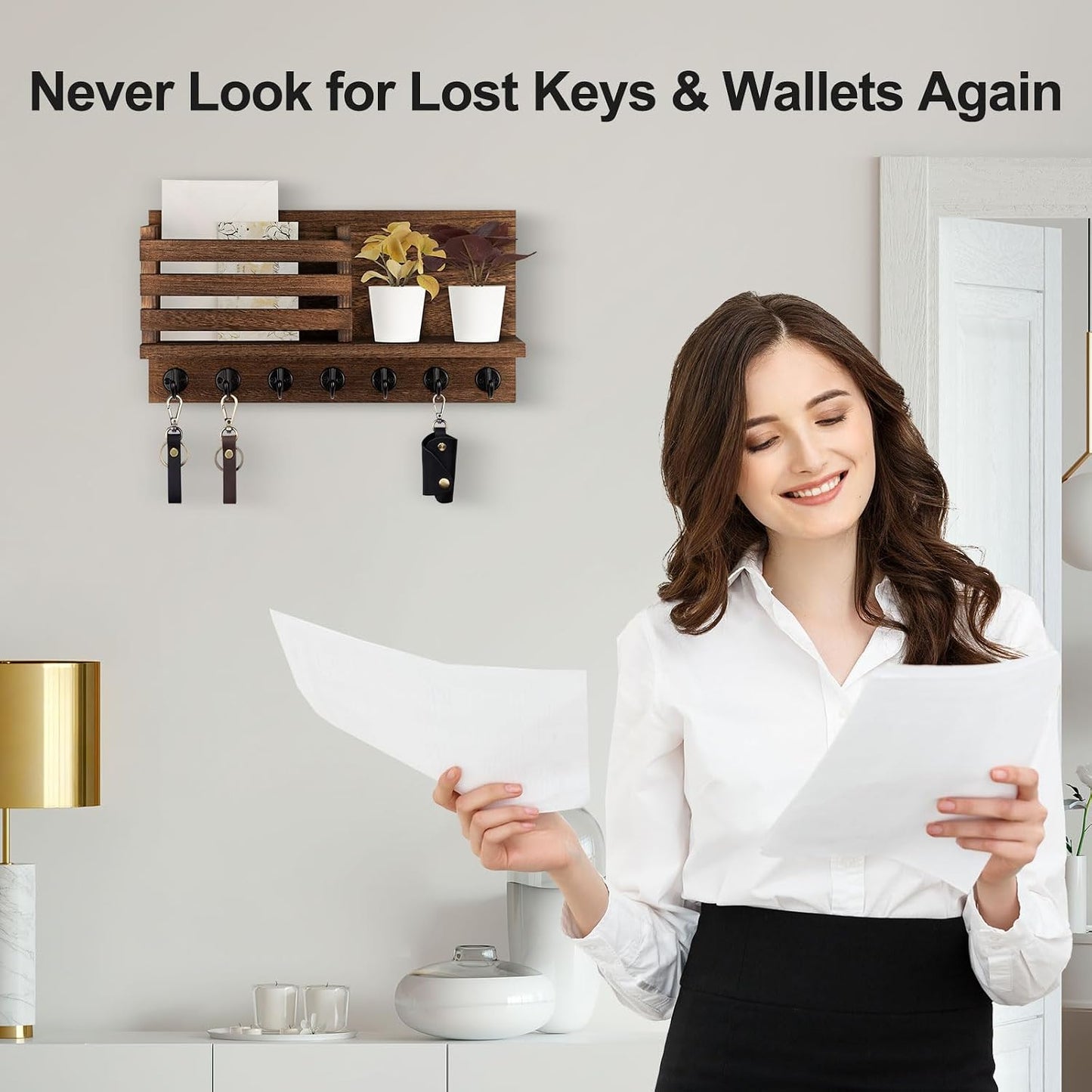 Lwenki Key Holder for Wall – Decorative Wooden Mail Holder and Key Shelf with Mounting Hardware, Installation Guide – Paulownia Wood with Metal Key Hooks (Black, Large - 11.8inch)