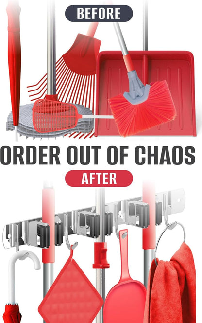Mop and Broom Holder - Clear Cleaning Clutter and Reclaim Your Space | 5 Racks + 4 Hooks - Rust-Resistant Wall Organizer Holds Cleaning and Garden Tools Securely in Garages and Kitchens