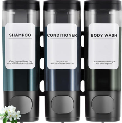 Shampoo Conditioner Shower Soap Dispenser 3 Chamber Wall Mount Black | Refillable. Leakproof 900ml. No-Drill Wall Mount. Soap, Shampoo, Conditioner, Body Wash, Shower Gel, Bathroom Set. BPA-Free.
