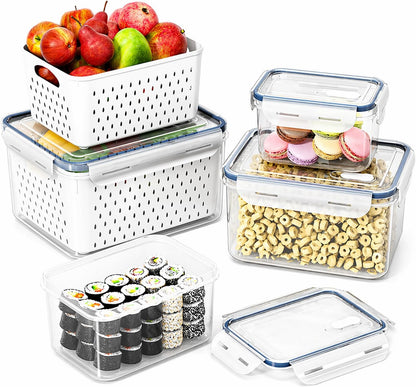 Fruit Storage Containers for Fridge with Removable Colander, Food Storage Containers with Lids, Dishwasher & Microwave Safe, Keep Berry Fruit Vegetable Meat Fresh Longer (Clear Body/Clear Lid)
