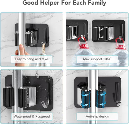 homeasy Broom Holder Wall Mount 4Pcs, Self Adhesive Mop Broom Hanger Black | Self adhesive stainless steel broom organizer with 4 hooks, holds mops, brooms and garden tools without drilling